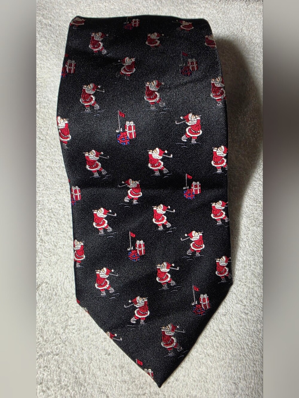 Men’s Black Holiday 100% Silk Tie with Red Golfing Santa Motif